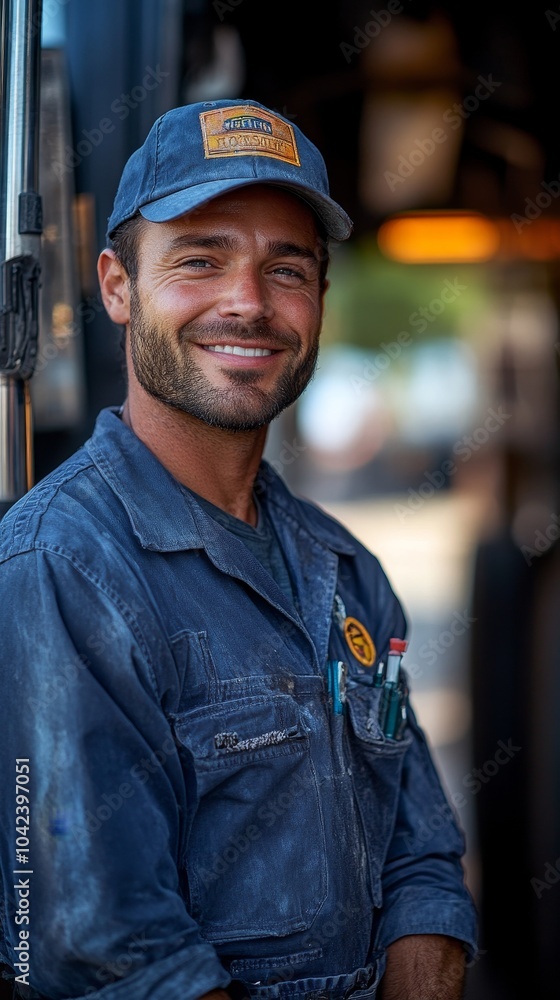 Poster man in a dusty blue jumpsuit and cap with a friendly smile poses confidently in a professional envir