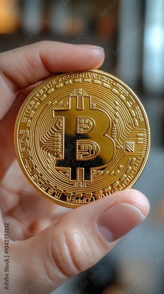 Poster hand holding a physical representation of a bitcoin, featuring intricate circuit patterns and the ic