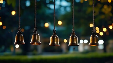 Obraz premium Brightly lit Indian traditional lamps and bells adorn the ceiling, creating a festive atmosphere in a temple setting filled with golden hues