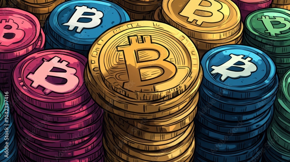 Poster features stacks of colorful coins, each displaying the bitcoin symbol, indicating a focus on cryptoc