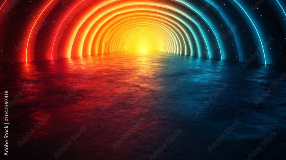 Poster brightly colored lights form a stunning tunnel that reflects beautifully on the still surface of the