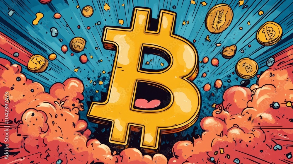 Fototapete Large, smiling Bitcoin symbol surrounded by flying coins and colorful comic-style explosions in a dynamic setting