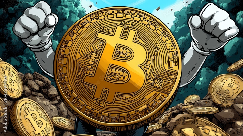Poster cartoon-style image features a personified bitcoin coin with arms raised, surrounded by smaller coin