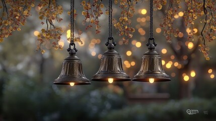 Obraz premium Brightly lit Indian traditional lamps and bells adorn the ceiling, creating a festive atmosphere in a temple setting filled with golden hues