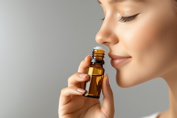 Fototapeta premium Woman enjoying aroma of essential oil from a small amber bottle, relaxation and wellness concept.