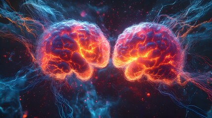 Obraz premium A pair of luminous 3D brains, covered in intricate neural networks, facing each other, with threads of energy transferring information in between