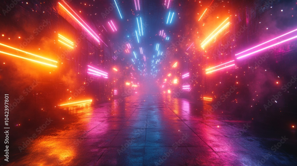 Poster a corridor filled with striking neon lights in vibrant colors forms a captivating display, accentuat