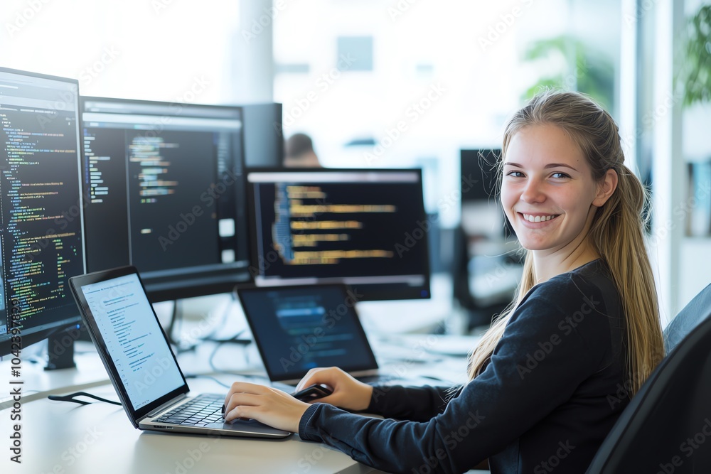Poster young professional woman coding at multiple computer screens in modern office environment, smiling c