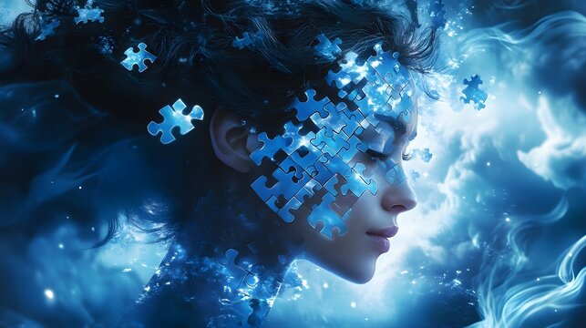 A reflective woman with a mosaic of puzzle pieces integrated into her hair, representing thought complexity, surrounded by swirling blue mist and light