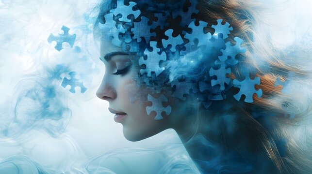 A reflective woman with a mosaic of puzzle pieces integrated into her hair, representing thought complexity, surrounded by swirling blue mist and light