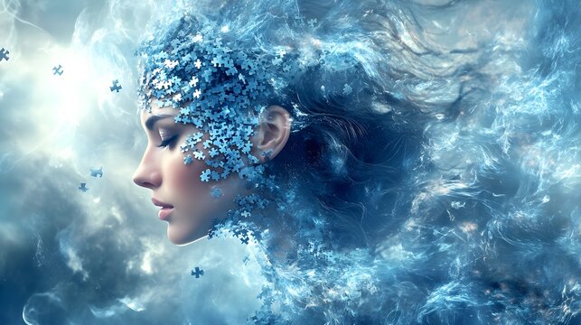 A reflective woman with a mosaic of puzzle pieces integrated into her hair, representing thought complexity, surrounded by swirling blue mist and light