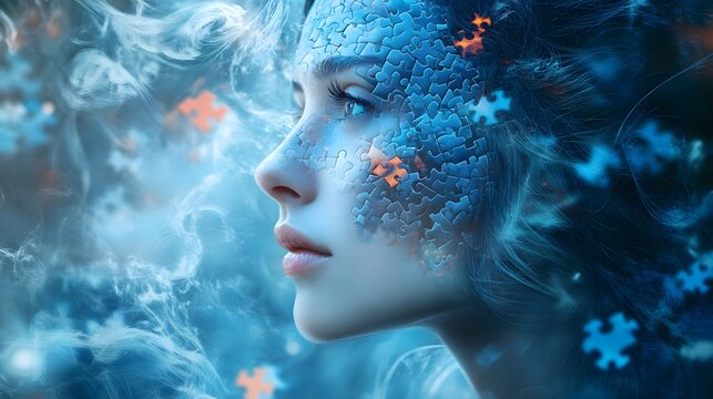 A reflective woman with a mosaic of puzzle pieces integrated into her hair, representing thought complexity, surrounded by swirling blue mist and light