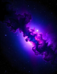 Fototapeta premium Mysterious nebula in deep space with luminous stars twinkling in the background, surrounded by dark billowing clouds, showcasing a vibrant color palette of purple, blue, and splashes of red.
