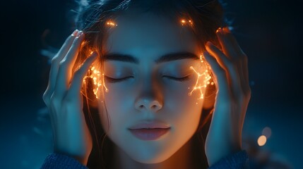 Fototapeta premium A serene woman with glowing neural nodes around her temples, soft futuristic lighting, representing emotional resilience, realism, cool tones