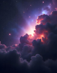 Obraz premium Mysterious nebula in deep space with luminous stars twinkling in the background, surrounded by dark billowing clouds, showcasing a vibrant color palette of purple, blue, and splashes of red.