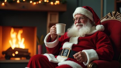 Santa Claus in a red suit is smiling and relaxing in a red armchair with a cup of coffee in his hand, in front of a roaring fireplace with a Christmas tree and lights in the background