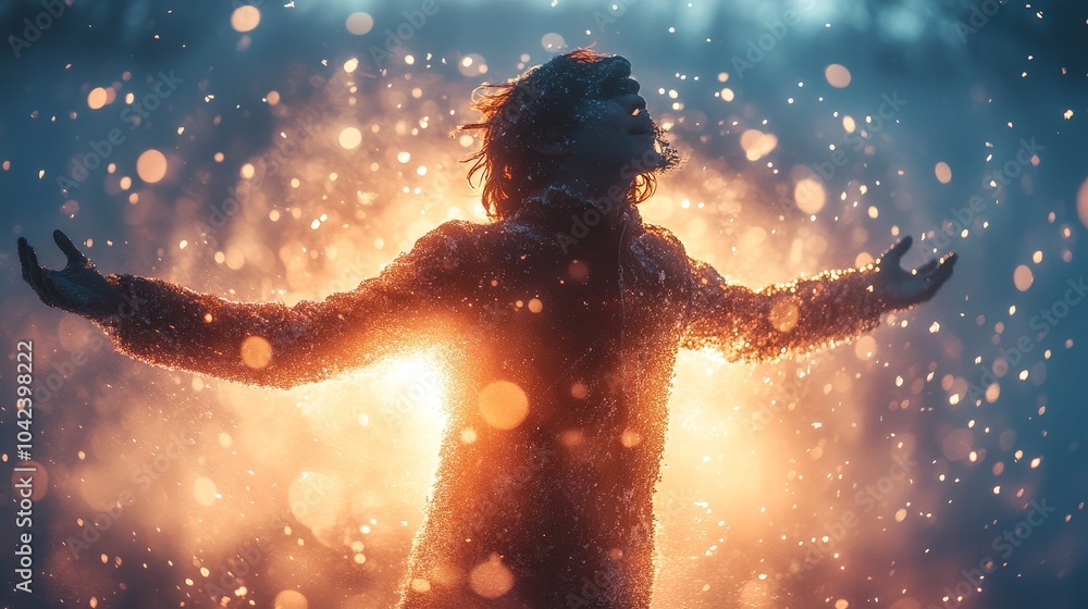 Poster person stands with outstretched arms, illuminated by glowing light and surrounded by floating partic