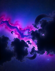Fototapeta premium Mysterious nebula in deep space with luminous stars twinkling in the background, surrounded by dark billowing clouds, showcasing a vibrant color palette of purple, blue, and splashes of red.
