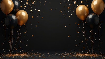 Black and gold balloons float against a dark background with golden confetti raining down.