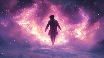 Obraz premium Person walks forward in a snowy landscape, surrounded by swirling pink and purple flames, creating a dramatic scene