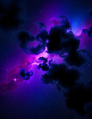 Obraz premium Mysterious nebula in deep space with luminous stars twinkling in the background, surrounded by dark billowing clouds, showcasing a vibrant color palette of purple, blue, and splashes of red.
