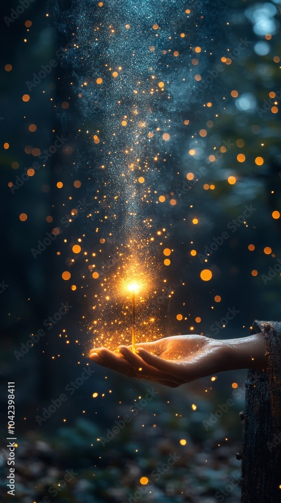 Aufkleber hand holds a glowing sparkler in a dark forest, surrounded by illuminated particles floating upwards