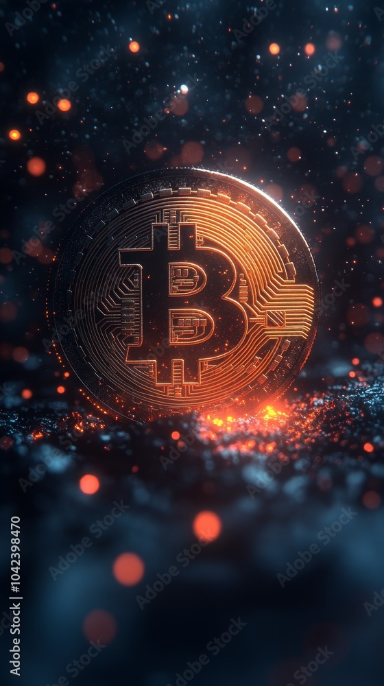 Poster glowing bitcoin symbol coin is surrounded by bright, fiery particles, creating a dramatic and dynami