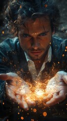 Person with intense expression is holding glowing, fiery light that seems magical, surrounded by small sparks and particles