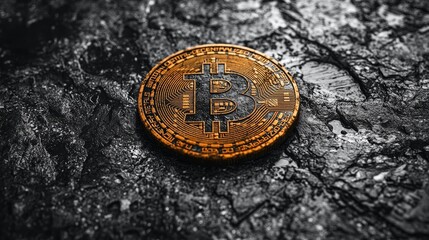 Golden Bitcoin coin rests on a textured, rocky surface, highlighting its intricate design with prominent B symbol at center