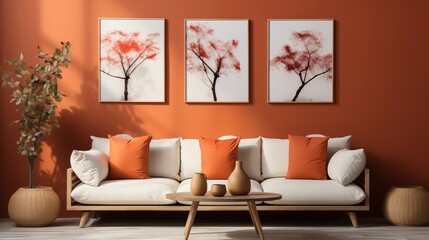 A cozy living room featuring a terra cotta modular sofa and a stucco wall, enhanced by stylish wall art for an elegant touch.