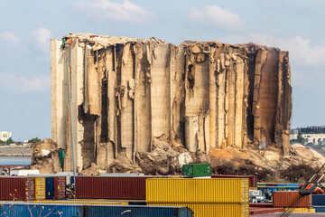 View of Beirut port grain silos after their partial collapse on July 31, 2022. © Matyas Rehak