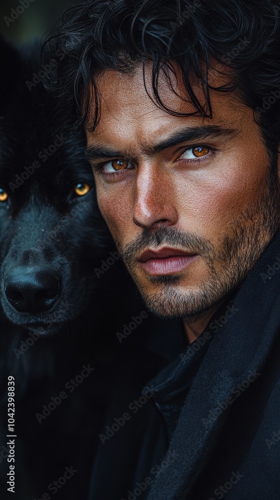 Aufkleber man with dark hair and sharp features stands closely with a black wolf, both gazing intently with pi