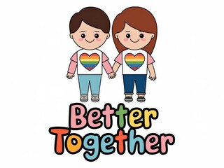 Cute Cartoon Characters Holding Hands with Rainbow Heart Shirts and Better Together Text