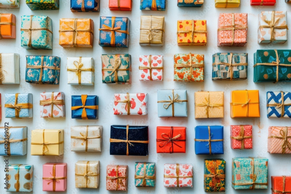 Aufkleber an array of colorful and decorative gift boxes in different sizes is beautifully organized, perfect 