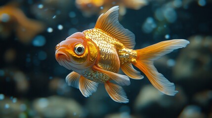 Obraz premium Vibrant orange goldfish with flowing fins swims gracefully in a blurred aquatic background, capturing light beautifully in motion