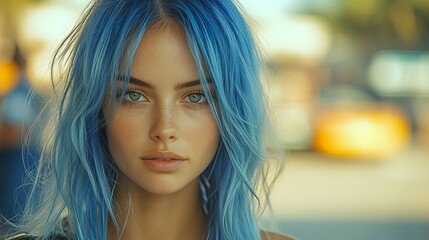 Obraz premium Person with blue hair and blue eyes is looking directly at the camera in a blurred outdoor background