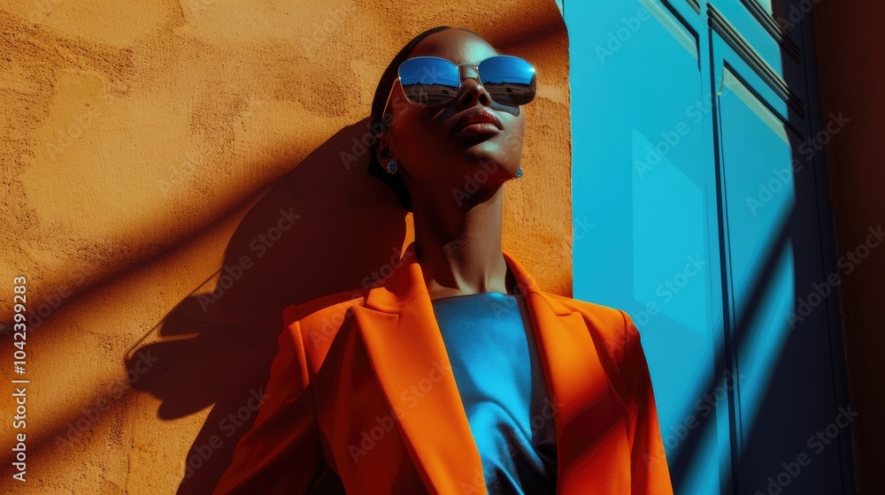 Wall mural woman in orange accessory standing against colorful background. female model standing at building wh