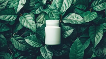 Obraz premium A white medicinal jar nestled among deep green leaves, presenting a theme of natural health and wellness in a lush environment.