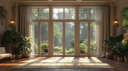 Sunbeams stream through large windows in a luxurious living room, illuminating a wooden floor and potted plants, with a lush garden view beyond.