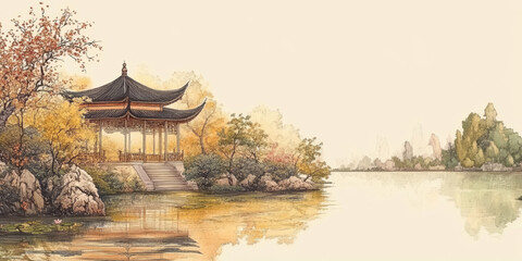 Obraz premium Traditional Chinese style of minimalist landscape painting art background