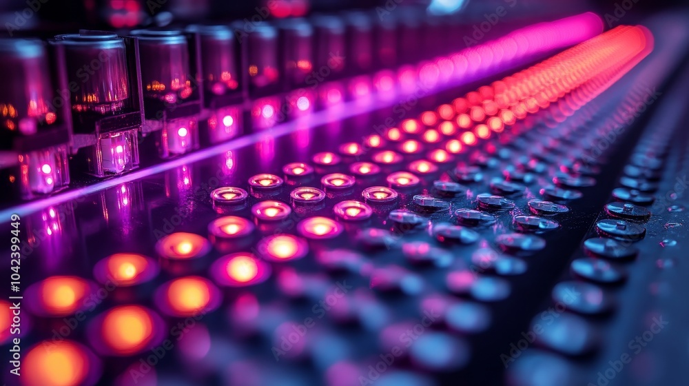 Poster close-up of a colorful, illuminated sound mixing console with glowing buttons and knobs in vibrant h