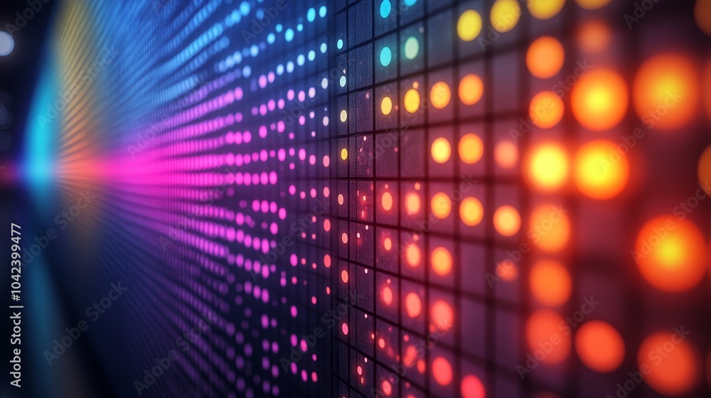 Aufkleber colorful digital led wall with bright dots creating a vibrant gradient pattern, fading into darkness