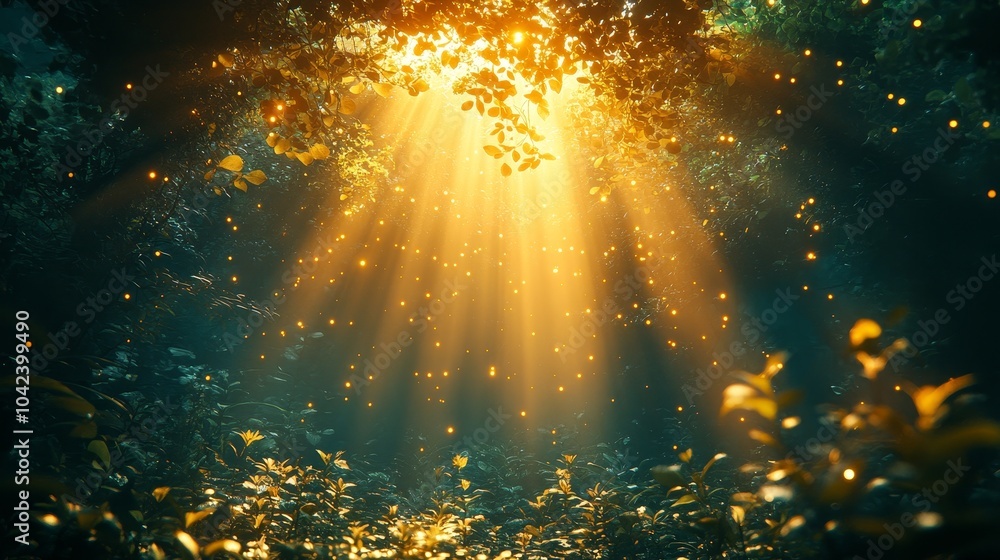 Poster sunlight streams through lush forest foliage, casting a golden glow and illuminating tiny floating p