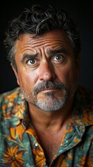 Fototapeta premium Man with curly hair, a beard, wearing a colorful floral shirt, gazing at the camera intensely
