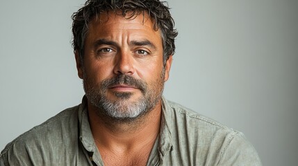 Fototapeta premium Man with short curly hair and a beard, wearing a grey shirt, poses against a neutral background while smiling slightly