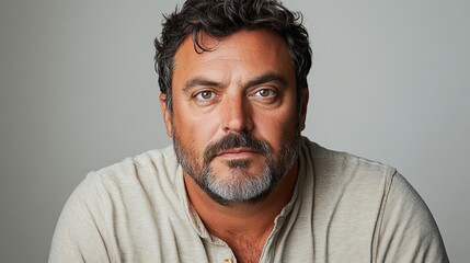 Obraz premium Man with short, wavy dark hair, a beard, wearing a light-colored shirt, against a neutral background
