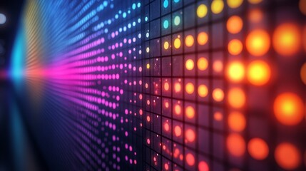 Obraz premium Colorful digital LED wall with bright dots creating a vibrant gradient pattern, fading into darkness
