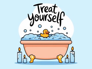 Naklejka premium Cartoon Rubber Duck in Bubble Bath with Candles and Relaxing Message