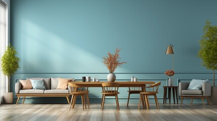 Fototapeta premium Sleek apartment interior with blue accent wall, dining table, and chairs, offering a minimalist space for decor.