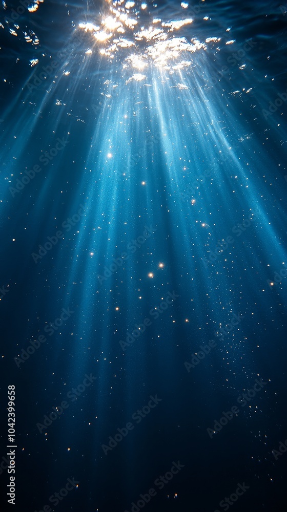 Poster sunlight shines through the water's surface, creating beautiful beams and illuminating particles, cr